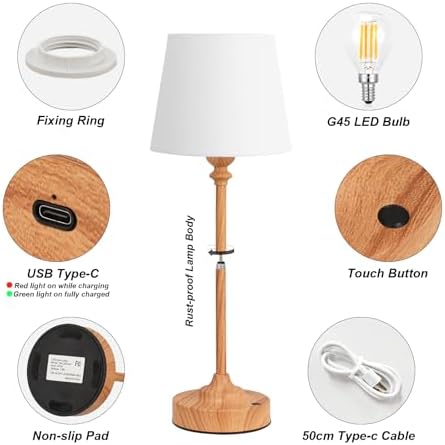 Kakanuo Cordless Table Lamps Rechargeable Set - 2 Pack Wooden 4000mAH Battery Operated Lamps for Decor, 3000K Stepless Dimming Touch Control Wireless Lamps for Bedroom, Dining Table