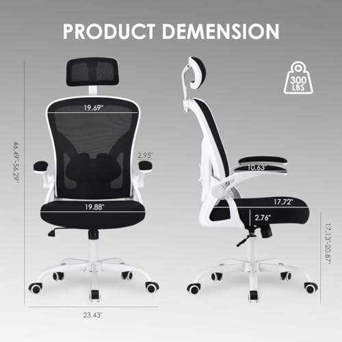 High Back Mesh Office Chair, Flip-Up Arms, Adjustable Headrest, 350lb Load