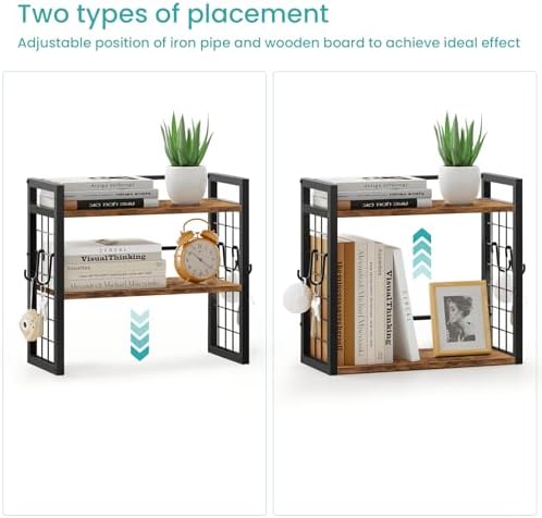 ELITEROO Desktop Shelf Organizer, 2 Tier Wood Desk Bookshelf, Rustic Brown