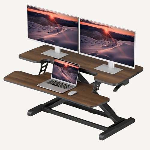 SANODESK 36" Standing Desk Converter, Smooth Mechanical Spring Effortless Lift Sit-Stand Riser for Dual Monitors, Heavy Duty Workstation with Keyboard Tray, Walnut
