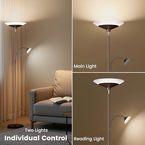 SIBRILLE Brown Torchiere LED Floor Lamp - 72" Rotating Standing Lamp with Remote, 34W Dimmable Floor Light with Color Changing, Tall Bright Corner Lamp for Reading Living Room Bedroom Office