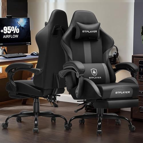 GTPLAYER Gaming Chair with Pocket Spring Cushion, Leather Office Chair with Ergonomic High Back & Lumbar Support for Back Pain Relief, Computer Game Chair for Adults, Gray