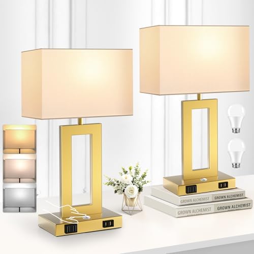 Kondras 3 Color Temperatures Touch Control Table Lamps Set of 2, Stepless Dimmable Bedside Lamps with 2 USB Ports&AC Outlet, Modern Nightstand Lamps for Bedroom Living Room, Bulbs Included, Gold&White