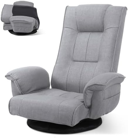 Linen Fabric Ergonomic Gaming Chair, 6-Position Reclining Sofa Bed with Lumbar Support, Foldable Floor Lounger with Thick Cushion, Armrests & Side Pockets for Esports, Reading, Napping (Light Gray)