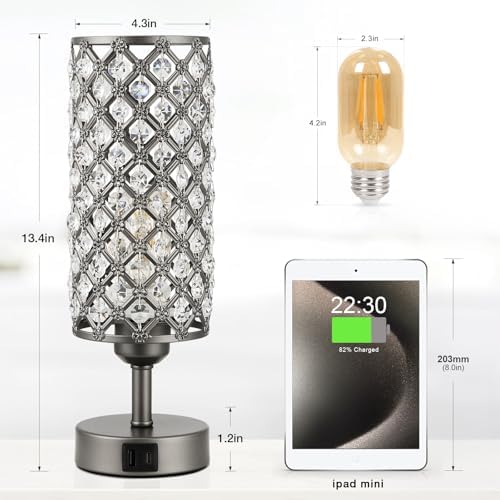 Gray Crystal Bedside Lamp, Nightstand Lamp for Bedroom (Bulb included)