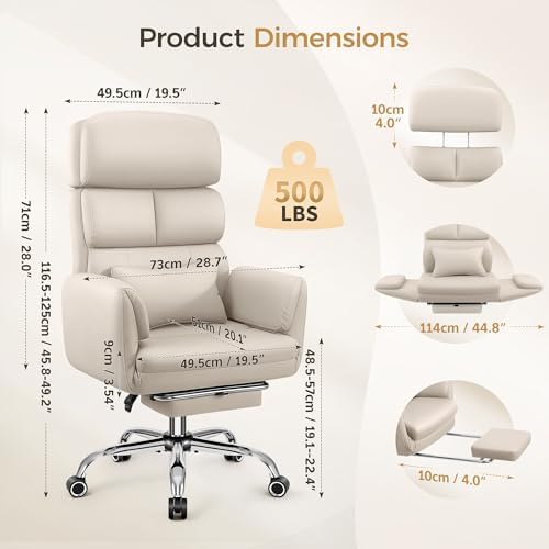 Big and Tall Office Chair 500LBS, Ergonomic High Back Leather Executive Chair, Reclining Swivel with Adjustable Armrests Lumbar Support Footrest, Cross Legged, Beige