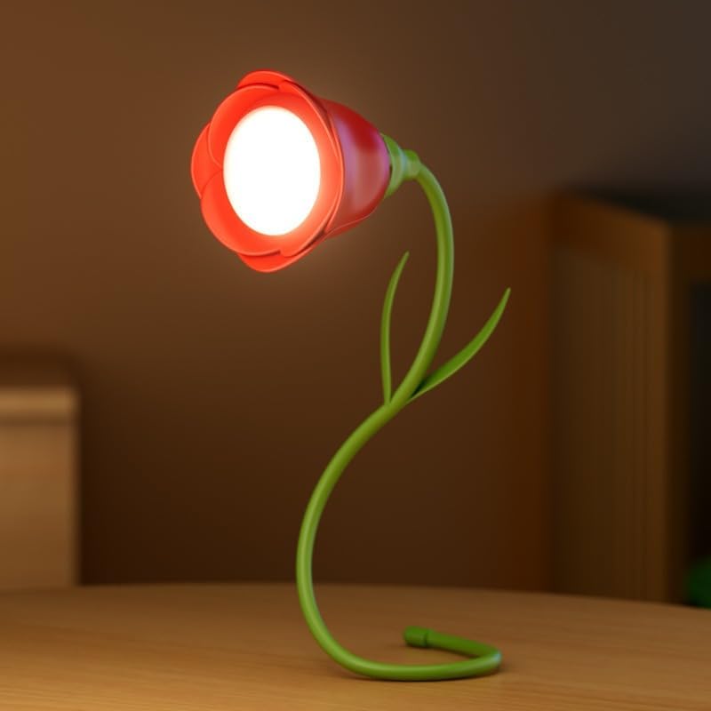 Rechargeable Flower Desk Lamp Infinite Dimming Trichromatic Temperature Adjustable Brightness Memory LED Light for Bedroom Study Office (Red,Rose)