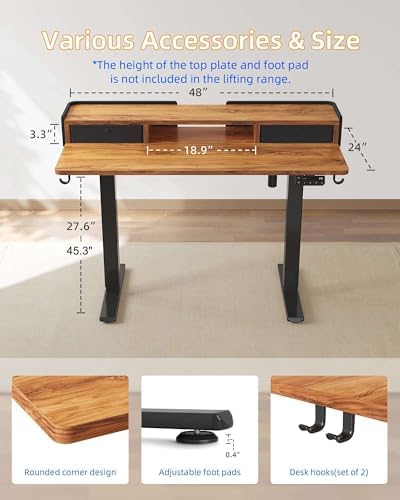 YIHAYO Electric Standing Desk with Drawers, 48 x 24 Inches Adjustable Desk with Storage Shelf, Stand Up Desk with Splice Board, Computer Table for Home Office, Black Frame/Rustic Brown Top