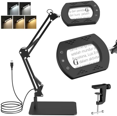 MoKo 15X 30X Magnifying Glass with Light and Stand, Magnifying Desk Lamp with Clamp, 5 Color Modes Stepless Dimmable LED Lighted Magnifier, Desk Magnifier for Close Work, Reading, Crafts, Black