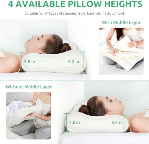 UTTU Cervical Pillow for Neck Pain Relief, Memory Foam Neck Pillow for Sleeping, Adjustable Orthopedic Sandwich Pillow, Contour Cooling for Side Back Stomach Sleeper, Travel(15.7"×11"×5.2"/4.5")