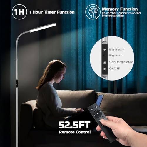 Dimunt LED Floor Lamp, Stepless Adjustable 3000K-6000K Colors, Silver