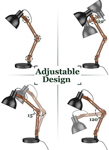 ELYONA Modern Sapele Wood Desk Lamp with Upgraded Wireless Charger & USB C Charging Port Swing Arm Table Lamp Bedside Reading Task Light for Dorm Office Bedroom Living Room LED Bulb Included Black