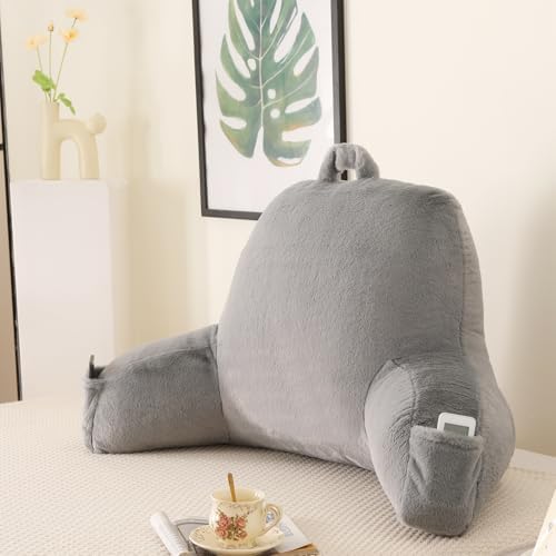 Large Plush Backrest Pillow for Sitting in Bed,Faux Fur,Gray