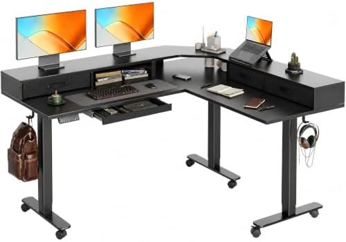 Claiks Dual Motor L Shaped Standing Desk with Drawers, 63inch, Black