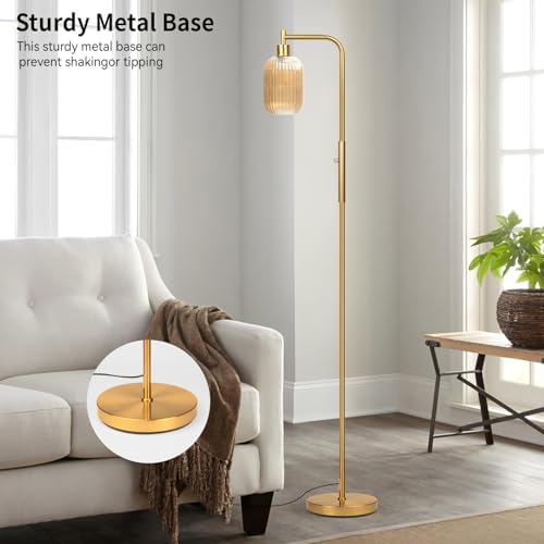 Ruiever Glass Floor Lamp for Living Room, Dimmer Standing Lamp with Green Ribbed Lampshade,66” Tall Lamp & Gold Floor Lamp for Bedroom Study Room,Brushed Gold (Amber)