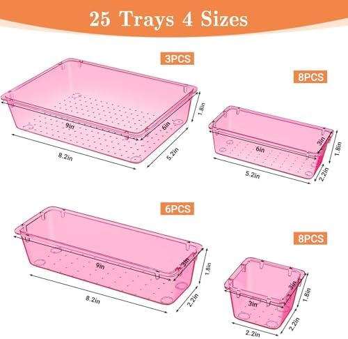 SpaceHacks 25 PCS Plastic Drawer Organizer, 4-Size Versatile Organizer Trays & storage Bins