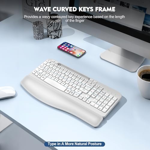 EAYBLLY 2.4G Wireless Ergonomic Keyboard, Full Size Wave Keys with Memory Foam Wrist Rest & 7.28in Phone Holder, USB-C Adapter Included for Windows Mac Chrome OS, Office or Home (White)