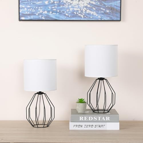Small Table Lamp Set of 2 Black, Bedside Lamps with Metal Cage & Linen Lampshade, Cute Desk Lamps for Nightstand, Bedroom, Kids Room, Office