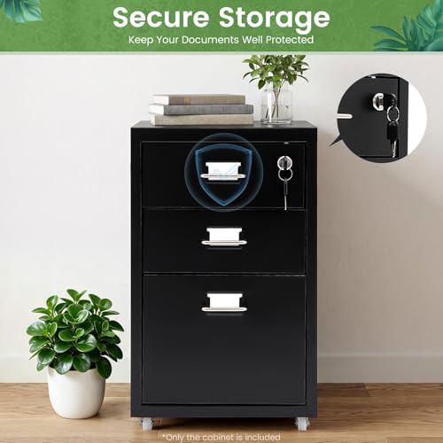 3 Drawer File Cabinet with Lock, Freestanding Filing Metal Drawers Organizer Vertical Metal Rolling Organizer Movable Under Desk Cabinet with Wheels for Home Office Living Room Study (3 Tiers Black)