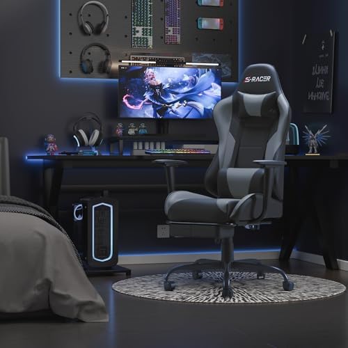 Homall Gaming Chairs, Computer Chair with Footrest and Massage Lumbar Support, Height Adjustable Game Chair with Headrest and Swivel Seat (Light Grey)