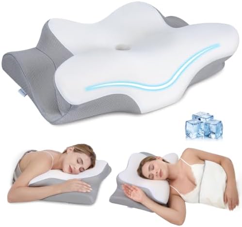 Cervical Neck Pillow, Memory Foam Pillows for Neck and Shoulder Pain Relief, 2 Heights Ergonomic Pillow with Breathable Ice Silk Cover, Neck Support Pillow for Side Sleepers,White