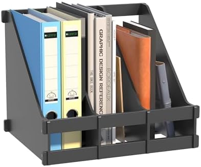 Bamboo Desk File Organizer, 3 Compartment Magazine Holder for Home Office(Black)