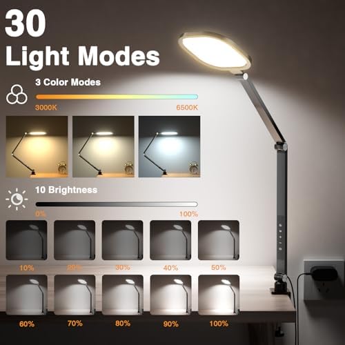 LitONES 2 Packs Led Desk Lamps for Home Office, 1200LM Dimmable Clamp-on Desktop Light, Adjustable Swing Arm Ring Light with Stand, Memory & Timer Function, Eye-Caring Design