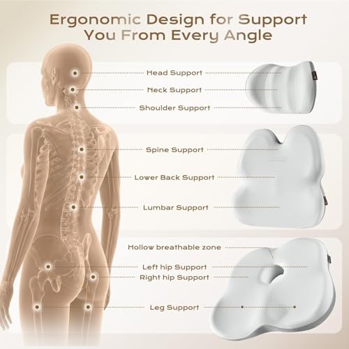 Coverado Car Seat Cushion Back Support Pillow Neck Headrest Pillow, Ergonomic Memory Foam Sciatica & Back & Tailbone Pain Relief Cushion for Office Chair Seat Cushion for Chair Gray&Light Gray