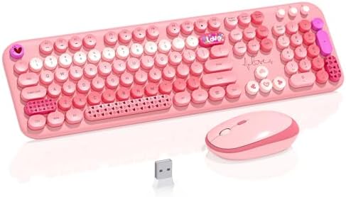 Wireless Keyboard Mouse,104 Full Size Cute Colorful Keyboard and Mouse with Retro Typewriter for PC/Mac/Laptop/Tablet/Computer/Windows/Microsoft, Pink