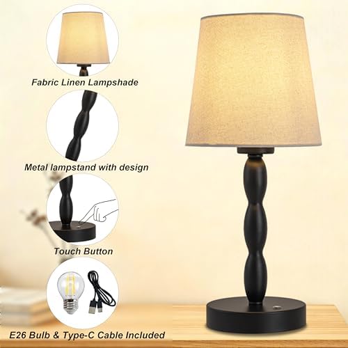 CASTLELIFE Rechargeable Cordless Table Lamp, 5000mAh Battery Powered Touch Desk Lamp, 3-Level & Stepless Dimmable Night Light, Portable Bedside Lamp for Bedroom, Outdoor, Bulb Included, Black