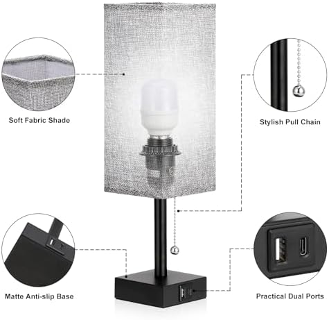 Set of 2 Grey Bedside Table Lamps for Bedroom - Nightstand Lamp, USB C+A