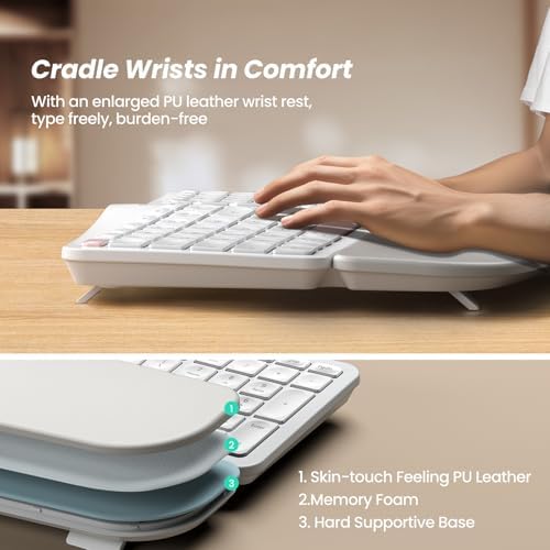 Nulea Wireless Ergonomic Keyboard, Split Keyboard with Cushioned Wrist Rest, USB and Bluetooth Connectivity, USB-C Rechargeable, Compatible with Windows Mac（Pink-White）