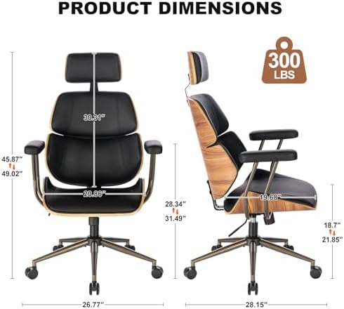 Mid Century Walnut PU Leather High Back Office Chair with Headrest, Black