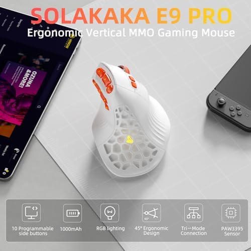 SOLAKAKA E9 PRO Ergonomic Vertical MMO Mouse with 8K Dongle, White