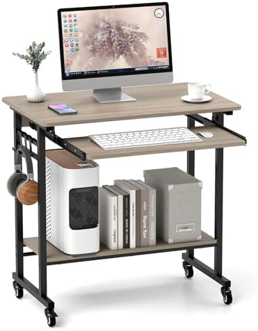 Tangkula Rolling Computer Desk Cart with Keyboard Tray, Mobile Portable Laptop PC Desk with CPU Stand & 3 Hooks for Sofa & Bed, Compact Small Desk on Wheels for Small Spaces (Grey)