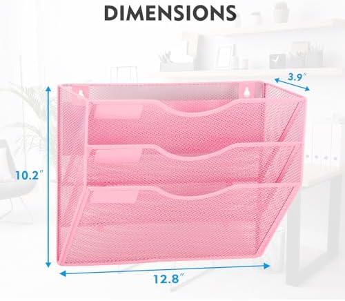 EASEPRES Magnetic 3 Pocket Mesh Hanging Wall File Organizer, Wall Mounted Mail Paper Document Folder Holder, Clipboard Storage Magazine Rack with Nametag Label for Office Home School, Pink