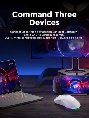 Lenovo Legion M220 Wireless RGB Gaming Mouse, Tri-Mode (Bluetooth, 2.4GHz & Wired), 5000 DPI Optical Sensor, 2-Zone RGB Lighting, 100Hr Battery, 7 Buttons, USB-C Rechargeable, Glacier White
