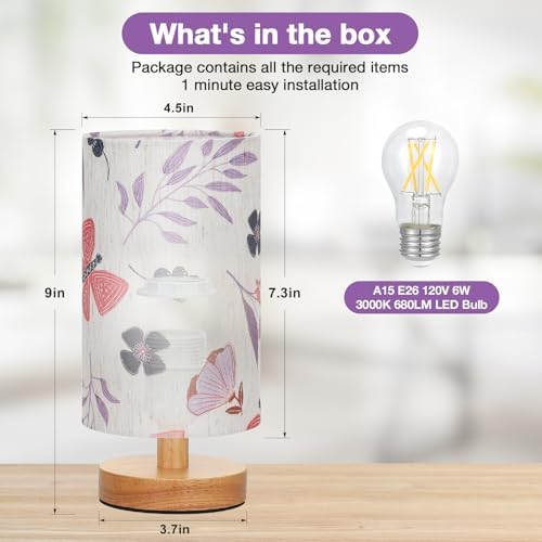 Fenmzee Small Table Lamps (Butterfly Cream Shade, 9" Inline Control)