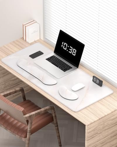 Auhoahsil Large Mouse Pad with Wrist Rests for Keyboard & Mouse, Thick Soft Ergonomic Memory Foam Wrist Supports, Big & Long Desk Mat 35.5 x 15.7 in, for Office Gaming Computer, White Marble