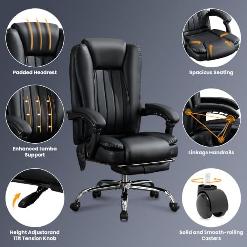 500LBS Massge Office Chair with Foot Rest,6 Points Vibration & Heat Big and Tall Office Chair with Back Support, Ergonomic Comfort 135° Reclining Desk Chairs Managerial Chairs for Heavy People