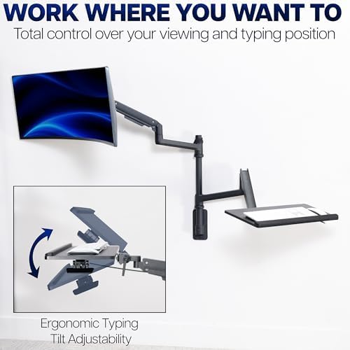 VIVO Sit-Stand Heavy Duty Ultrawide Monitor Wall Mount for Screens up to 49 inches with Height Adjustable Keyboard and Mouse Tray, Pneumatic Arm Computer Workstation, MOUNT-V120KB35C