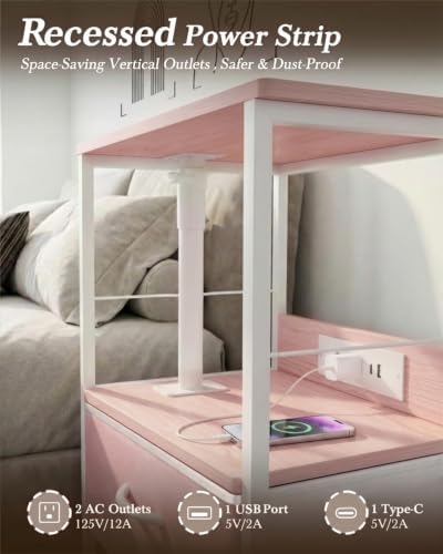 Faesun Night Stand with Charging Station & Swivel Top, Pink