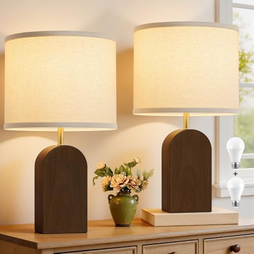 Wood Table Lamps for Bedroom,19" Farmhouse Bedside Lamps Set of 2,Walnut