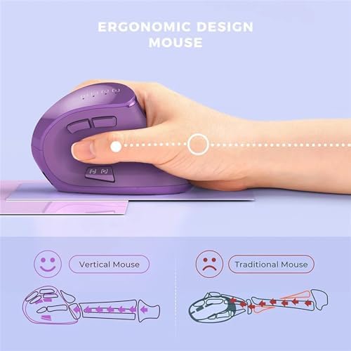 Vertical Mouse, Wireless Ergonomic Optical Mouse (BT 5.0 + Bluetooth 3.0 + USB Connection) with 9 Buttons, Rechargeable Computer Mouse for Wins PC/Laptop, Mac (Purple)