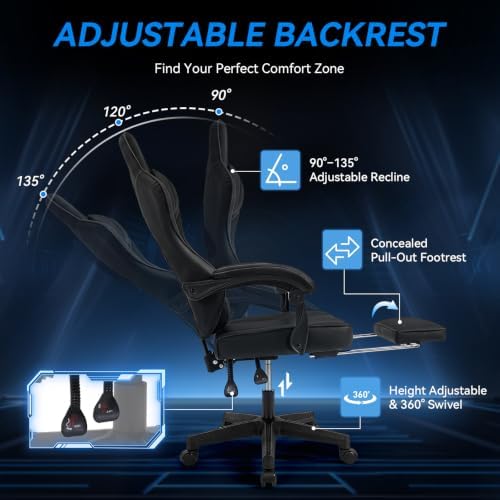 ELECWISH Ergonomic Gaming Chair, Reclining Computer Chair, Pure Black