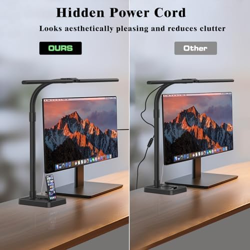 GAEFURY LED Desk Lamp for Home Office, 24W Bright Desk Lamp with Phone Holder Base - 25 Lighting Modes Eye-Caring Desk Light Adjustable Gooseneck Lamp for Workbench Drafting Reading Study