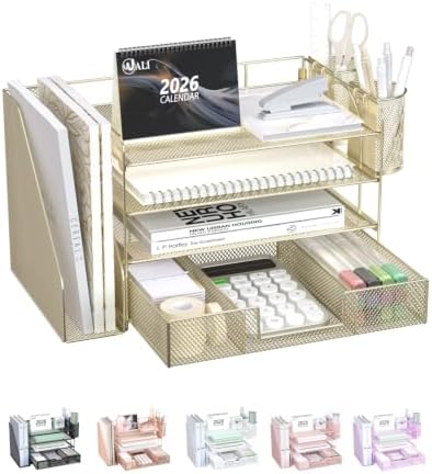 WALI Desk File Organizer, 4 Tier Desktop Paper Letter Tray Organizer with Drawer and 2 Pen Holders, Office Desk Accessories & Workspace Organizers for Office, Home, School Supplies, 1 Pack, Gold