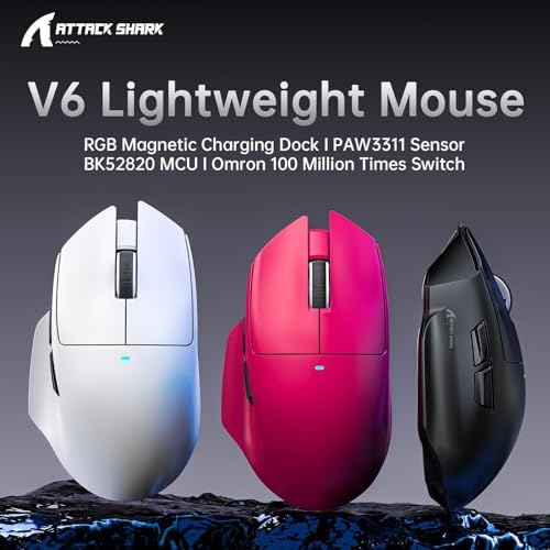 ATTACK SHARK V6 Wireless Gaming Mouse with RGB Charging Dock, 25K DPI PAW3311 Sensor, 1K Polling Tri-Mode PC Mice, 500mAh Battery, Cloud-Based AI Driver for Win/Mac, Red