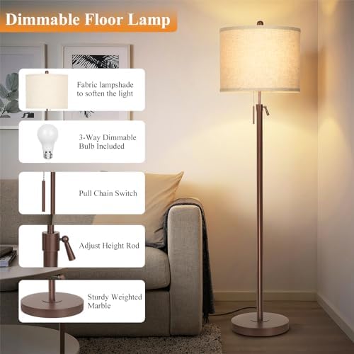 Qingmiao 55-67" Adjustable Floor Lamp, Anti-tip Base, 3Way Bulb, Pull Chain