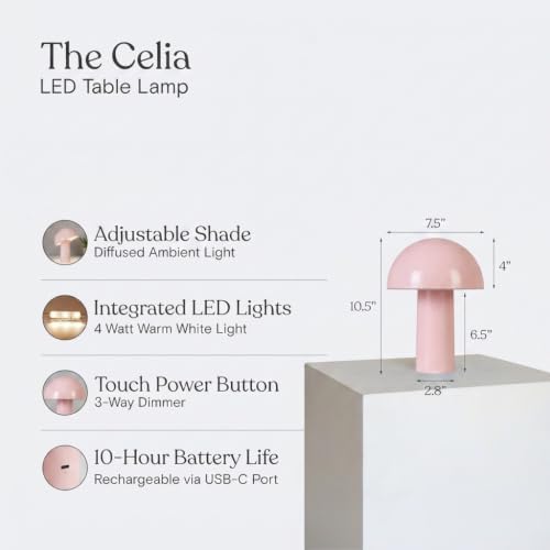 Brightech Celia Table Lamp – 10" Touch-Controlled Mushroom Accent Lamp, Cordless & Dimmable LED, Portable & Rechargeable Bedside Night Light, Sustainable Recycled Modern Patio Lamp, Home Décor – Pink